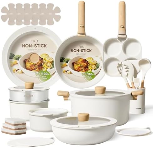 CAROTE 19pcs Pots and Pans Non Stick  Cookware Sets Detachable Handle  Induction Kitchen Pots and Pans NonStick Cooking Set  Oven/Dishwasher/Fridge Safe  Space Saving
