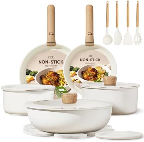 CAROTE 19pcs Pots and Pans Non Stick  Cookware Sets Detachable Handle  Induction Kitchen Pots and Pans NonStick Cooking Set  Oven/Dishwasher/Fridge Safe  Space Saving