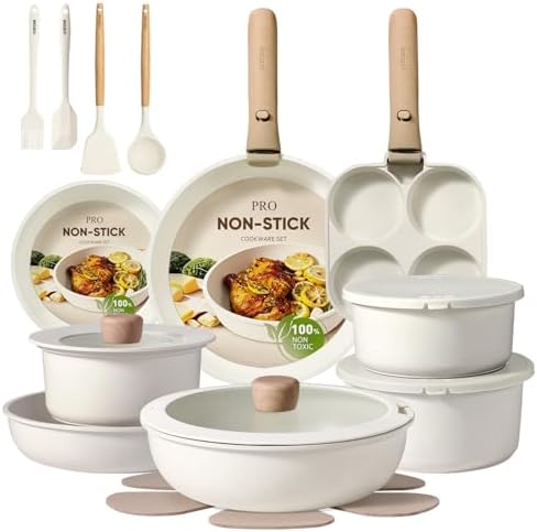 CAROTE 19pcs Pots and Pans Non Stick  Cookware Sets Detachable Handle  Induction Kitchen Pots and Pans NonStick Cooking Set  Oven/Dishwasher/Fridge Safe  Space Saving