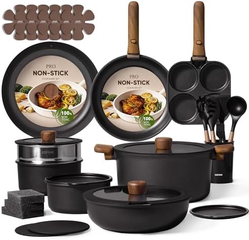CAROTE 19pcs Pots and Pans Non Stick  Cookware Sets Detachable Handle  Induction Kitchen Pots and Pans NonStick Cooking Set  Oven/Dishwasher/Fridge Safe  Space Saving