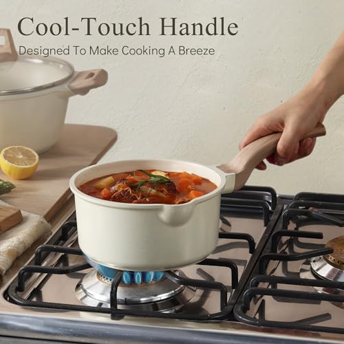 CAROTE Juego de sartenes de 1.5 cuartos y 3.0 cuartos de galón con tapa, cacerola antiadherente, 4 ollas antiadherentes con boquilla para verter, fácil de limpiar, ollas de cocina pequeñas de