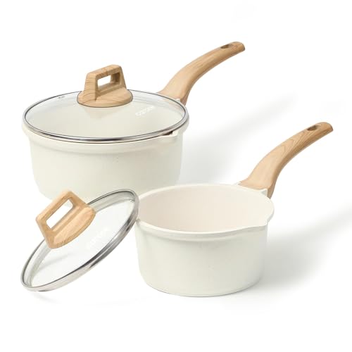 CAROTE Juego de sartenes de 1.5 cuartos y 3.0 cuartos de galón con tapa, cacerola antiadherente, 4 ollas antiadherentes con boquilla para verter, fácil de limpiar, ollas de cocina pequeñas de