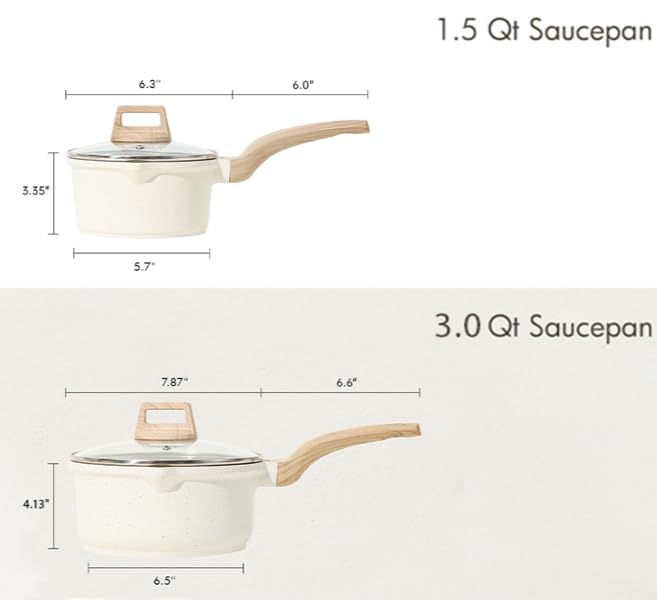CAROTE Juego de sartenes de 1.5 cuartos y 3.0 cuartos de galón con tapa, cacerola antiadherente, 4 ollas antiadherentes con boquilla para verter, fácil de limpiar, ollas de cocina pequeñas de
