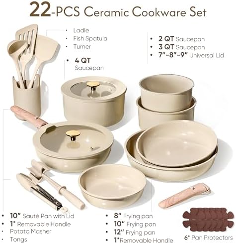 CAROTE 22PCS Pots and Pans set Non Stick  Ceramic Cookware Set  RV Kitchen Cooking Set Removable Handles  Oven Safe  Induction Coolware  Non toxic Kitchen Cooking Set  PFAS and PFOA Free