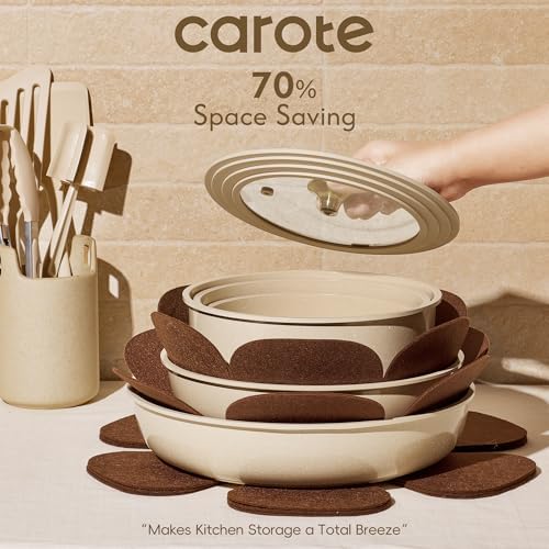 CAROTE 22PCS Pots and Pans set Non Stick  Ceramic Cookware Set  RV Kitchen Cooking Set Removable Handles  Oven Safe  Induction Coolware  Non toxic Kitchen Cooking Set  PFAS and PFOA Free