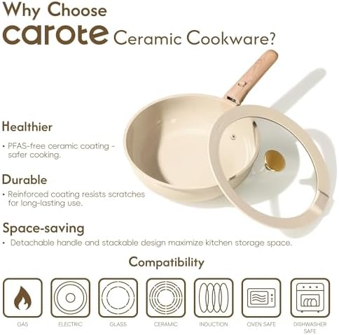 CAROTE 22PCS Pots and Pans set Non Stick  Ceramic Cookware Set  RV Kitchen Cooking Set Removable Handles  Oven Safe  Induction Coolware  Non toxic Kitchen Cooking Set  PFAS and PFOA Free