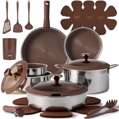 CAROTE 22pcs Hybrid Nonstick Pots and Pans Set  Stainless Steel Cookware Set with Honeycomb Titanium Interior  Induction Safe  Oven Safe  Brown  PFOS  PFOA Free 