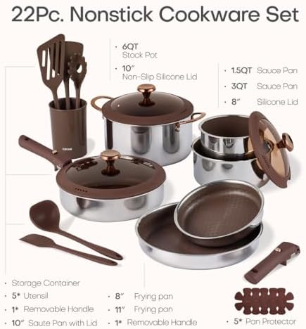 CAROTE 22pcs Hybrid Nonstick Pots and Pans Set  Stainless Steel Cookware Set with Honeycomb Titanium Interior  Induction Safe  Oven Safe  Brown  PFOS  PFOA Free 