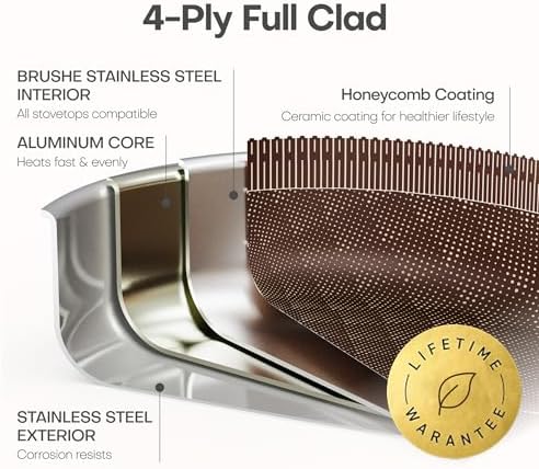 CAROTE 22pcs Hybrid Nonstick Pots and Pans Set  Stainless Steel Cookware Set with Honeycomb Titanium Interior  Induction Safe  Oven Safe  Brown  PFOS  PFOA Free 