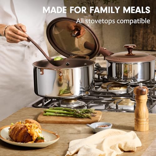CAROTE 22pcs Hybrid Nonstick Pots and Pans Set  Stainless Steel Cookware Set with Honeycomb Titanium Interior  Induction Safe  Oven Safe  Brown  PFOS  PFOA Free 