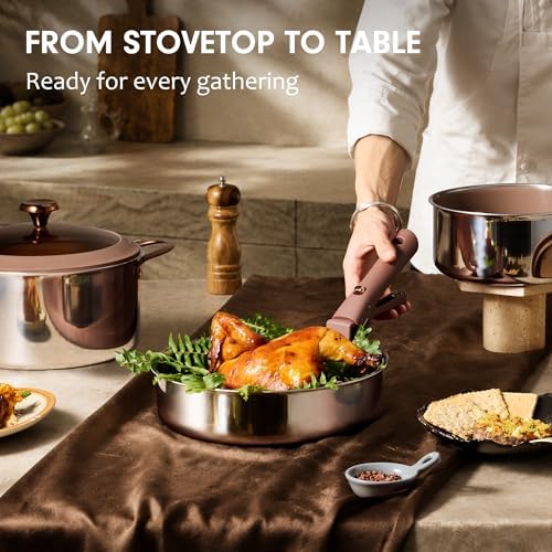 CAROTE 22pcs Hybrid Nonstick Pots and Pans Set  Stainless Steel Cookware Set with Honeycomb Titanium Interior  Induction Safe  Oven Safe  Brown  PFOS  PFOA Free 