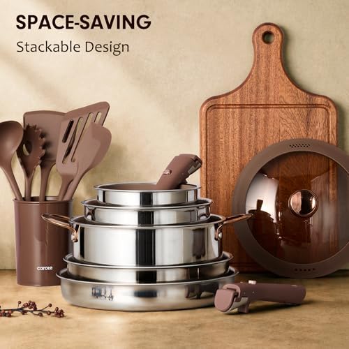 CAROTE 22pcs Hybrid Nonstick Pots and Pans Set  Stainless Steel Cookware Set with Honeycomb Titanium Interior  Induction Safe  Oven Safe  Brown  PFOS  PFOA Free 