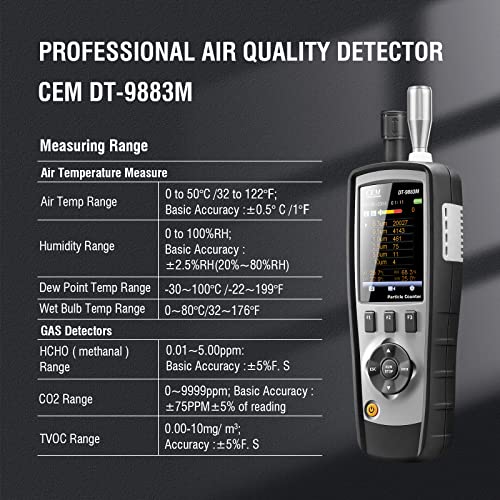 CEM T ax Included DT 9883M cleanroom Particle Counter PM2 5/10 HCHO CO2 TVOC Air Particle  0 3 0 5 1 0 2 5 5 0 10 m Supports Photos and Camera