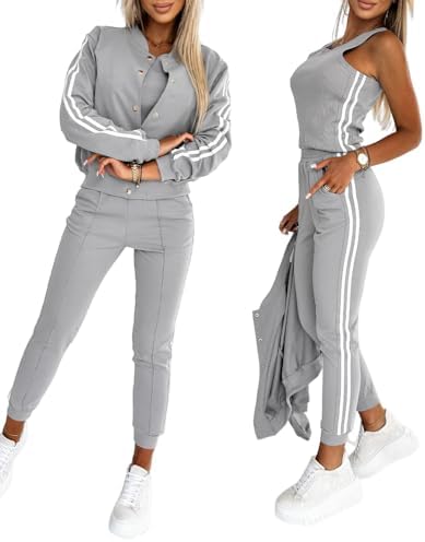 CHICME Womens Three Piece Outfits Striped Tape Patch Tank Tops Bomber Jacket with Sporty Pants Tracksuit Lounge Sets