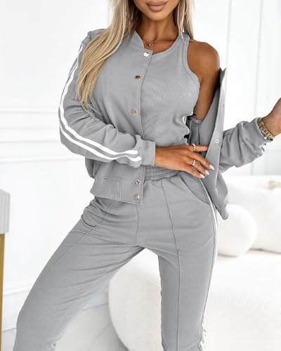 CHICME Womens Three Piece Outfits Striped Tape Patch Tank Tops Bomber Jacket with Sporty Pants Tracksuit Lounge Sets