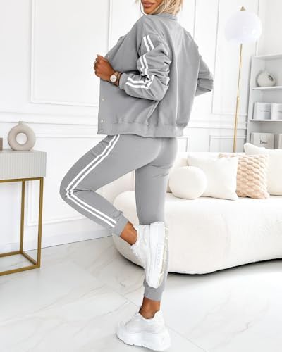 CHICME Womens Three Piece Outfits Striped Tape Patch Tank Tops Bomber Jacket with Sporty Pants Tracksuit Lounge Sets