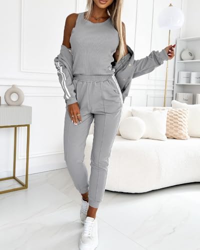 CHICME Womens Three Piece Outfits Striped Tape Patch Tank Tops Bomber Jacket with Sporty Pants Tracksuit Lounge Sets