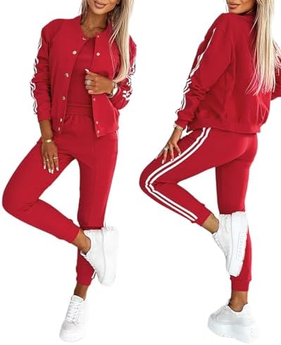 CHICME Womens Three Piece Outfits Striped Tape Patch Tank Tops Bomber Jacket with Sporty Pants Tracksuit Lounge Sets