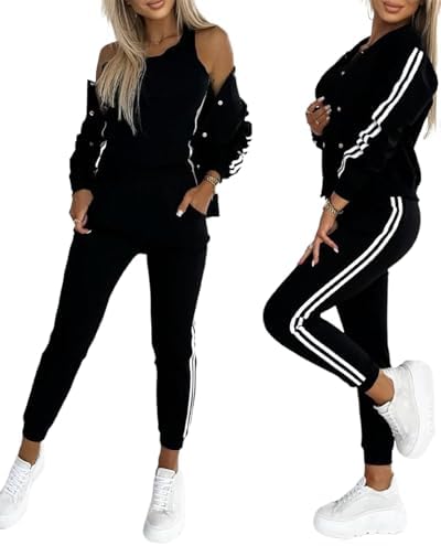 CHICME Womens Three Piece Outfits Striped Tape Patch Tank Tops Bomber Jacket with Sporty Pants Tracksuit Lounge Sets