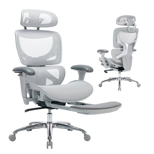 COLAMY Ergonomic Mesh Office Chair  Ergonomic Desk Chair with Footrest  Executive High Back Computer Desk Chair with Lumbar Support  Headrest and Adjustable 3D Arms  Tilt Lock and Lumbar Support Grey