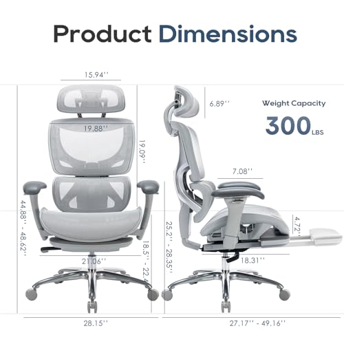 COLAMY Ergonomic Mesh Office Chair  Ergonomic Desk Chair with Footrest  Executive High Back Computer Desk Chair with Lumbar Support  Headrest and Adjustable 3D Arms  Tilt Lock and Lumbar Support Grey