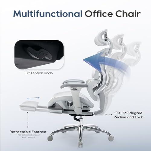 COLAMY Ergonomic Mesh Office Chair  Ergonomic Desk Chair with Footrest  Executive High Back Computer Desk Chair with Lumbar Support  Headrest and Adjustable 3D Arms  Tilt Lock and Lumbar Support Grey