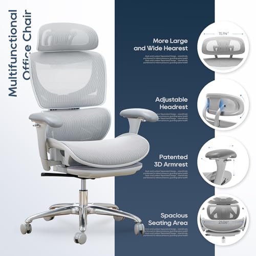 COLAMY Ergonomic Mesh Office Chair  Ergonomic Desk Chair with Footrest  Executive High Back Computer Desk Chair with Lumbar Support  Headrest and Adjustable 3D Arms  Tilt Lock and Lumbar Support Grey