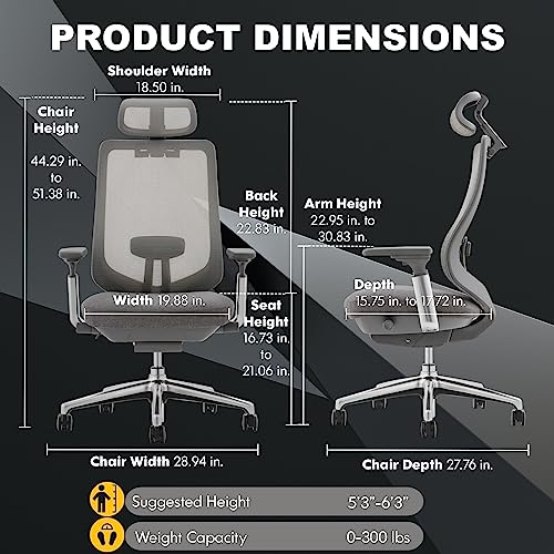 COLAMY Ergonomic Mesh Office Chair  High Back Executive Desk Chair with Adjustable Headrest  4D Arm  Slide Seat  Tilt Lock  Lumbar Support  Grey