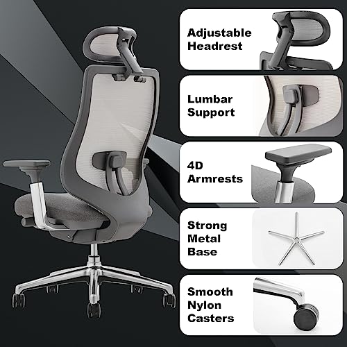 COLAMY Ergonomic Mesh Office Chair  High Back Executive Desk Chair with Adjustable Headrest  4D Arm  Slide Seat  Tilt Lock  Lumbar Support  Grey