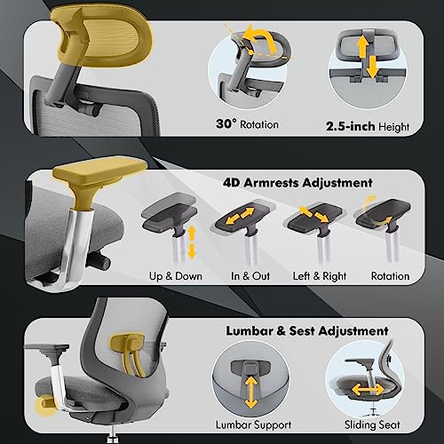 COLAMY Ergonomic Mesh Office Chair  High Back Executive Desk Chair with Adjustable Headrest  4D Arm  Slide Seat  Tilt Lock  Lumbar Support  Grey