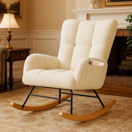 COMHOMA Nursery Rocking Chair  Teddy Upholstered Glider Rocking Chair with Side Pockets  Accent Chair with High Backrest Reading Chair for Adult  Nursery  Bedroom  Living Room Offices Beige 