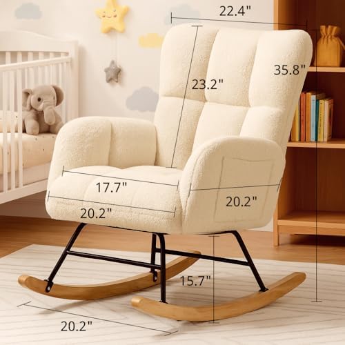 COMHOMA Nursery Rocking Chair  Teddy Upholstered Glider Rocking Chair with Side Pockets  Accent Chair with High Backrest Reading Chair for Adult  Nursery  Bedroom  Living Room Offices Beige 
