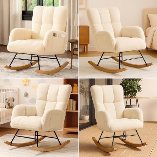COMHOMA Nursery Rocking Chair  Teddy Upholstered Glider Rocking Chair with Side Pockets  Accent Chair with High Backrest Reading Chair for Adult  Nursery  Bedroom  Living Room Offices Beige 