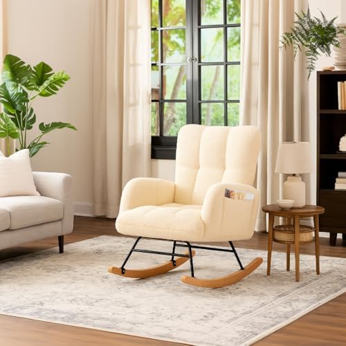 COMHOMA Nursery Rocking Chair  Teddy Upholstered Glider Rocking Chair with Side Pockets  Accent Chair with High Backrest Reading Chair for Adult  Nursery  Bedroom  Living Room Offices Beige 