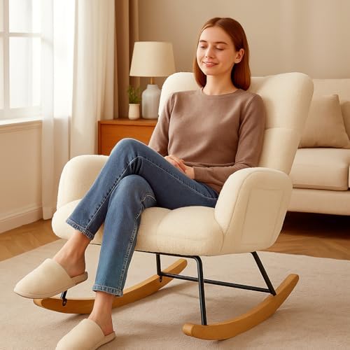 COMHOMA Nursery Rocking Chair  Teddy Upholstered Glider Rocking Chair with Side Pockets  Accent Chair with High Backrest Reading Chair for Adult  Nursery  Bedroom  Living Room Offices Beige 