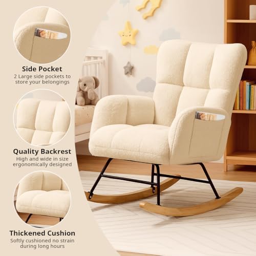 COMHOMA Nursery Rocking Chair  Teddy Upholstered Glider Rocking Chair with Side Pockets  Accent Chair with High Backrest Reading Chair for Adult  Nursery  Bedroom  Living Room Offices Beige 