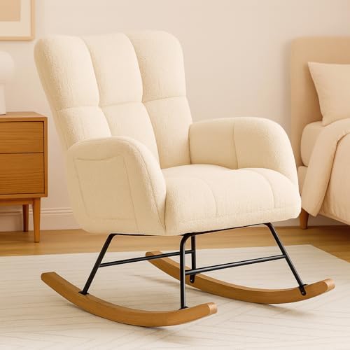 COMHOMA Nursery Rocking Chair  Teddy Upholstered Glider Rocking Chair with Side Pockets  Accent Chair with High Backrest Reading Chair for Adult  Nursery  Bedroom  Living Room Offices Beige 