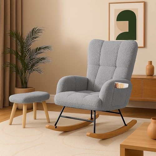 COMHOMA Nursery Rocking Chair  Teddy Upholstered Glider Rocking Chair with Side Pockets  Accent Chair with High Backrest Reading Chair for Adult  Nursery  Bedroom  Living Room Offices Beige 