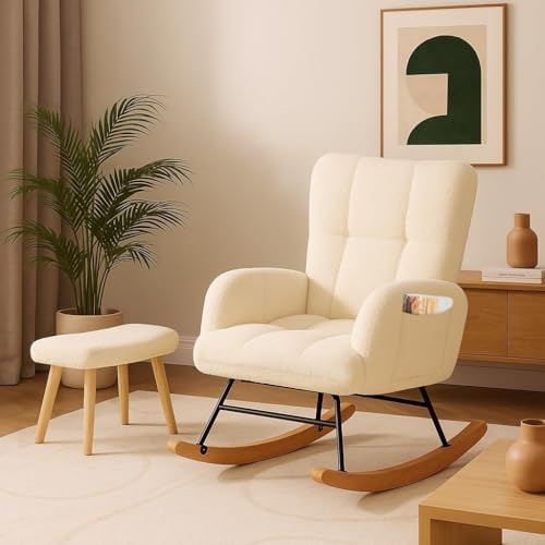COMHOMA Nursery Rocking Chair  Teddy Upholstered Glider Rocking Chair with Side Pockets  Accent Chair with High Backrest Reading Chair for Adult  Nursery  Bedroom  Living Room Offices Beige 