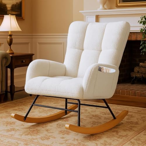 COMHOMA Nursery Rocking Chair  Teddy Upholstered Glider Rocking Chair with Side Pockets  Accent Chair with High Backrest Reading Chair for Adult  Nursery  Bedroom  Living Room Offices Beige 