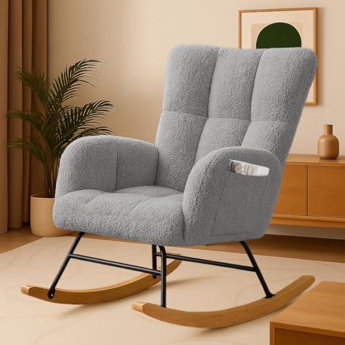 COMHOMA Nursery Rocking Chair  Teddy Upholstered Glider Rocking Chair with Side Pockets  Accent Chair with High Backrest Reading Chair for Adult  Nursery  Bedroom  Living Room Offices Beige 