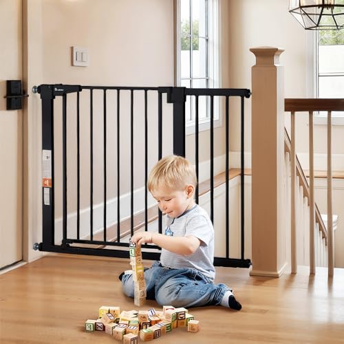 COMOMY 36 Extra Tall Baby Gate for Stairs Doorways  Fits Openings 29 5 to 48 8 Wide  Auto Close Extra Wide Dog Gate for House  Pressure Mounted Easy Walk Through Pet Gate with Door  White