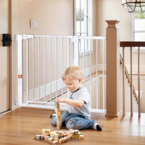 COMOMY 36 Extra Tall Baby Gate for Stairs Doorways  Fits Openings 29 5 to 48 8 Wide  Auto Close Extra Wide Dog Gate for House  Pressure Mounted Easy Walk Through Pet Gate with Door  White