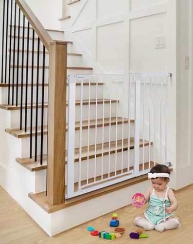 COMOMY 36 Extra Tall Baby Gate for Stairs Doorways  Fits Openings 29 5 to 48 8 Wide  Auto Close Extra Wide Dog Gate for House  Pressure Mounted Easy Walk Through Pet Gate with Door  White