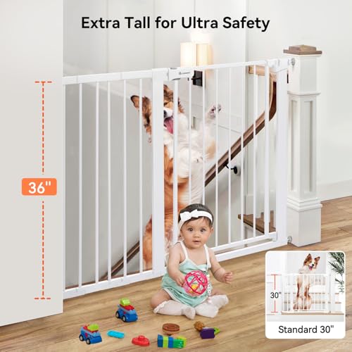 COMOMY 36 Extra Tall Baby Gate for Stairs Doorways  Fits Openings 29 5 to 48 8 Wide  Auto Close Extra Wide Dog Gate for House  Pressure Mounted Easy Walk Through Pet Gate with Door  White