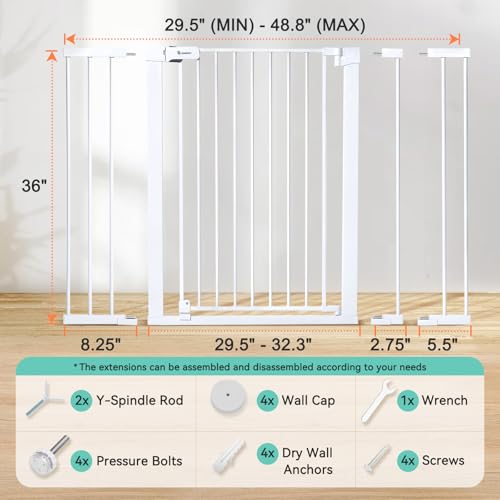 COMOMY 36 Extra Tall Baby Gate for Stairs Doorways  Fits Openings 29 5 to 48 8 Wide  Auto Close Extra Wide Dog Gate for House  Pressure Mounted Easy Walk Through Pet Gate with Door  White