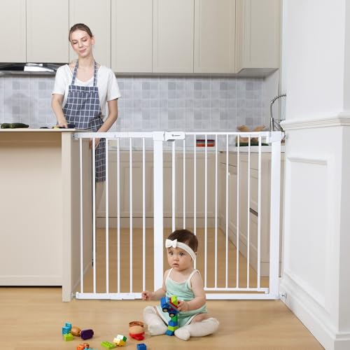COMOMY 36 Extra Tall Baby Gate for Stairs Doorways  Fits Openings 29 5 to 48 8 Wide  Auto Close Extra Wide Dog Gate for House  Pressure Mounted Easy Walk Through Pet Gate with Door  White