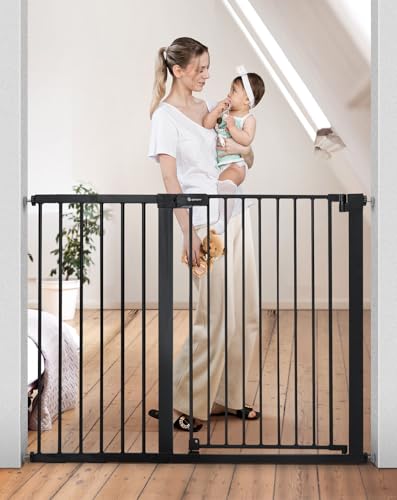 COMOMY 36 Extra Tall Baby Gate for Stairs Doorways  Fits Openings 29 5 to 48 8 Wide  Auto Close Extra Wide Dog Gate for House  Pressure Mounted Easy Walk Through Pet Gate with Door  White