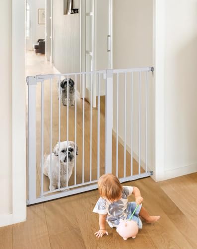 COMOMY 36 Extra Tall Baby Gate for Stairs Doorways  Fits Openings 29 5 to 48 8 Wide  Auto Close Extra Wide Dog Gate for House  Pressure Mounted Easy Walk Through Pet Gate with Door  White