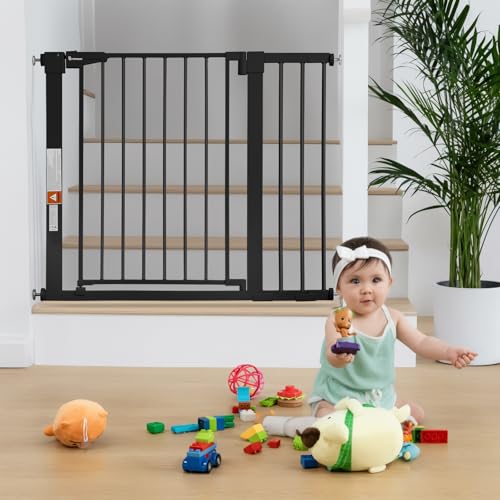 COMOMY 36 Extra Tall Baby Gate for Stairs Doorways  Fits Openings 29 5 to 48 8 Wide  Auto Close Extra Wide Dog Gate for House  Pressure Mounted Easy Walk Through Pet Gate with Door  White